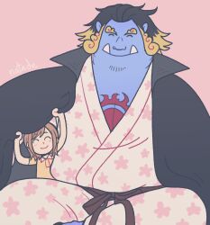 Rule 34 | 1boy, 1girl, ^ ^, absurdres, aged down, artist name, black hair, blue skin, cape, chest tattoo, closed eyes, collared cape, colored skin, commentary, english commentary, fish boy, hair slicked back, highres, holding, holding clothes, japanese clothes, jinbe (one piece), kimono, koala (one piece), multicolored hair, natade art, one piece, pink background, sash, short hair, sidelocks, sitting, smile, star (symbol), star print, swept bangs, tattoo, thick eyebrows, tusks, two-tone hair