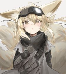 Rule 34 | 1girl, arknights, black scarf, blonde hair, dirty, dirty face, goggles, goggles on head, grey tunic, hair between eyes, highres, horn/wood, kitsune, kyuubi, multiple tails, official alternate costume, open mouth, scarf, solo, suzuran (arknights), suzuran (lostlands flowering) (arknights), tail, upper body