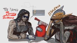 Rule 34 | 1boy, 1girl, 1other, absurdres, among us, bare shoulders, beard, blood, breasts, brown hair, cigarette, commentary, crewmate (among us), crossover, cyberpunk (series), cyberpunk 2077, dog tags, elden ring, english commentary, english text, facial hair, helmet, highres, johnny silverhand, knife in head, long hair, malenia blade of miquella, mechanical arms, medium breasts, multiple crossover, object through head, savadava, screenshot inset, single mechanical arm, smoke, steam (platform), sunglasses