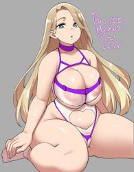 Rule 34 | 1girl, agawa ryou, artist name, belly, blonde hair, breasts, cleavage, cleft of venus, clothing cutout, commentary, dated, english commentary, green eyes, grey background, heart cutout, large breasts, long hair, looking at viewer, original, parted lips, plump, signature, simple background, sitting, solo, thick thighs, thighs, very long hair, wariza