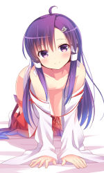 Rule 34 | 1girl, all fours, asymmetrical bangs, ba kuro, bed sheet, collarbone, detached sleeves, flat chest, hair ornament, hakama, hakama pull, hakama skirt, highres, japanese clothes, long hair, looking at viewer, male focus, purple eyes, purple hair, red hakama, red ribbon, ribbon, simple background, skirt, smile, solo, very long hair, white background