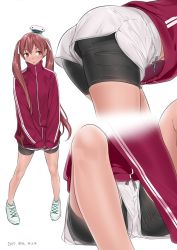 Rule 34 | 10s, 1girl, alternate costume, ama mitsuki, ass, bare legs, between legs, bike shorts, bike shorts under shorts, bow, brown eyes, brown hair, casual, close-up, commentary request, contemporary, dark skin, dated, dolphin shorts, facing viewer, female focus, from side, full body, gym shorts, hair between eyes, hair bow, hair over shoulder, jacket, kantai collection, leaning forward, libeccio (kancolle), lips, long hair, looking to the side, multiple views, parted lips, red jacket, shoes, short shorts, shorts, sideways glance, simple background, sitting, skindentation, sleeves past wrists, sneakers, solo, sportswear, tareme, thighs, track jacket, twintails, upshirt, upshorts, white background, white footwear, zipper
