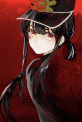 Rule 34 | 1boy, asa (1asa-0-asa1), bad id, bad pixiv id, black cape, black hair, black hat, cape, family crest, fate/grand order, fate (series), fiery hair, flower, hat, highres, jacket, koha-ace, long hair, looking at viewer, oda nobukatsu (fate), oda uri, peaked cap, ponytail, red background, red eyes, red jacket, sidelocks, spider lily, very long hair