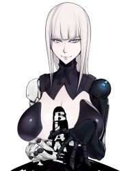 Rule 34 | 1girl, blame!, blue eyes, blunt bangs, breasts, cibo, copyright name, cyborg, handjob, highres, huge breasts, joints, long hair, looking at viewer, pale skin, penis, pov, robot joints, shoujo donburi, silver hair, simple background, smile, solo focus, white background