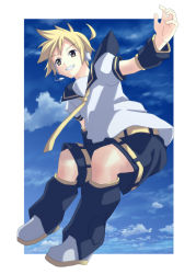 Rule 34 | &gt;:d, 1boy, :d, belt, black shorts, blonde hair, blue sky, boots, brown eyes, cloud, day, full body, grin, headphones, headset, kagamine len, knee boots, male focus, nagareboshi, neckerchief, open mouth, outstretched arm, puffy short sleeves, puffy sleeves, school uniform, serafuku, shirt, short sleeves, shorts, sky, smile, solo, teeth, v-shaped eyebrows, vocaloid, white shirt