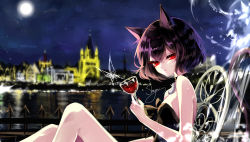 Rule 34 | 1girl, animal ears, artist name, bad id, bad pixiv id, bare arms, bare shoulders, black choker, black dress, black hair, breasts, bug, building, butterfly, cat ears, chair, chinese commentary, choker, commentary request, crescent, crescent choker, cup, dress, drinking glass, feet out of frame, full moon, highres, holding, holding cup, bug, knees up, looking at viewer, medium breasts, moon, night, night sky, original, outdoors, red eyes, sheya, short hair, signature, sitting, sky, solo, star (sky), starry sky, strapless, strapless dress, thighs, wine glass