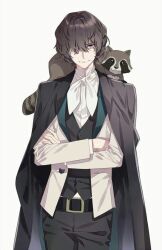 Rule 34 | 1boy, animal, animal on shoulder, black gloves, black pants, black vest, brown cape, brown shirt, bungou stray dogs, cape, closed mouth, edgar allan poe (bungou stray dogs), gloves, green eyes, long sleeves, looking at viewer, male focus, neckerchief, pants, raccoon, shirt, sitting, solo, vest, white background, white neckerchief