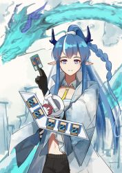 Rule 34 | 1girl, arknights, blue horns, card, dragon, duel disk, holding, holding card, horns, leiroken, ling (arknights), pointy ears, polymerization, solo, yu-gi-oh!