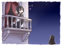 Rule 34 | 10s, 1girl, balcony, bare shoulders, bird, black hair, blue sky, blush, brown eyes, commentary request, curtains, dress, elbow gloves, flower, flower ornament, frilled dress, frills, gloves, grape-kun, hair flower, hair ornament, hairband, humboldt penguin (kemono friends), kemono friends, long dress, looking up, mofu mofu, music, musical note, night, night sky, outdoors, parody, parted lips, penguin, romeo and juliet, shooting star, singing, sky, spoken musical note, star (sky), starry sky