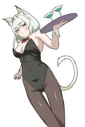 Rule 34 | 1girl, alternate costume, animal ears, arknights, black legwear, black leotard, blush, bow, bowtie, breasts, cat ears, cat tail, cleavage, cocktail glass, cup, drinking glass, green eyes, highres, holding, holding tray, kal&#039;tsit (arknights), kittysuit, leotard, light green hair, looking at viewer, medium breasts, nontraditional playboy bunny, parted lips, red bow, red bowtie, satsuki neko, short hair, simple background, solo, tail, tray, white background, wrist cuffs