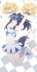 Rule 34 | 1girl, animal ears, armpits, arms up, black hair, blue archive, breasts, cleavage, confetti, crop top, detached collar, dog ears, eyewear on head, full body, grey eyes, hibiki (blue archive), hibiki (cheer squad) (blue archive), highres, holding, holding pom poms, jumping, long hair, midriff, millennium cheerleader outfit (blue archive), navel, open mouth, pom pom (cheerleading), pom poms, ponytail, shoes, small breasts, sneakers, solo, star (symbol), sunglasses, sweat, tail, urayamashiro (artist), white footwear, wristband