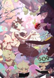 Rule 34 | 1boy, 1girl, aged down, alcremie, apple, applin, aqua eyes, aqua headwear, bangle, bare tree, bede (pokemon), black hair, blonde hair, book, bracelet, closed eyes, closed mouth, creatures (company), curly hair, dress, dual persona, e volution, eyeshadow, food, frown, fruit, game freak, gen 8 pokemon, grey hair, gym leader, hat, hattrem, holding, holding book, hunched over, jewelry, looking at object, nintendo, old, old woman, opal (pokemon), parody, pokemon, pokemon (creature), pokemon swsh, purple eyes, purple eyeshadow, purple scarf, red lips, scarf, short sleeves, snow white, sparkle, teeth, tree, watermark