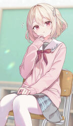 Rule 34 | 1girl, absurdres, blonde hair, blurry, blurry background, blush, cardigan, chair, hair ribbon, hand on lap, hand up, highres, indoors, long sleeves, neck ribbon, original, pantyhose, parted lips, pink eyes, ribbon, sailor collar, school uniform, short hair, sitting, skirt, solo, two side up, vs0mr
