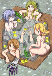 Rule 34 | 4girls, ass, barefoot, bath, blonde hair, blush, breasts, brown hair, covered erect nipples, elf, feet, female focus, flat chest, green hair, hiro (spectral force), large breasts, multiple girls, nipples, nude, onsen, open mouth, pink eyes, pointy ears, purple eyes, purple hair, red eyes, roze, roze (spectral souls), same-sex bathing, shared bathing, sitting, smile, spectral (series), spectral souls, water