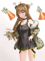 Rule 34 | 1girl, absurdres, annoyed, black choker, black shirt, bow, breasts, brown hair, camouflage, camouflage jacket, choker, cleavage, closed mouth, clothes pull, collarbone, double bun, feet out of frame, fur-trimmed jacket, fur collar, fur trim, girls&#039; frontline, gongbangmanchi (daisy cutter), green bow, green eyes, hair bow, hair bun, hand on own hip, highres, holding, jacket, jacket pull, light brown hair, long hair, looking down, medium breasts, open clothes, open jacket, rfb (girls&#039; frontline), shirt, simple background, solo, standing
