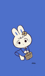 Rule 34 | 1girl, ayu (mog), basket, blue background, blue dress, collared dress, dress, flower, full body, furry, furry female, hair flower, hair ornament, highres, holding, holding basket, limited palette, long sleeves, original, parted lips, picnic basket, rabbit girl, signature, solid circle eyes, solo