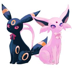 Rule 34 | animal focus, artist name, black fur, bow, commentary request, creatures (company), dot nose, espeon, facial mark, forehead jewel, forehead mark, forked tail, game freak, gen 2 pokemon, highres, nintendo, no humans, no mouth, pink bow, pokemon, pokemon (creature), purple fur, red bow, red eyes, sitting, su (sajo su5), tail, twitter username, umbreon