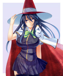 Rule 34 | 10s, 1girl, blue eyes, blue hair, border, bow, breasts, cape, hat, kagari ayaka, large breasts, long hair, looking at viewer, matching hair/eyes, pleated skirt, school uniform, serious, shirt, simple background, skirt, solo, takanashi-a, taut clothes, taut shirt, thighhighs, witch craft works, witch hat