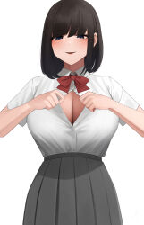 Rule 34 | 1girl, black hair, blue eyes, bow, bowtie, breasts, cleavage, collared shirt, commentary request, dress shirt, grey background, grey skirt, hands up, highres, large breasts, looking at viewer, medium hair, open clothes, open shirt, original, parted lips, partially unbuttoned, pleated skirt, red bow, red bowtie, school uniform, senju (snz0), shirt, shirt tucked in, short sleeves, simple background, skirt, solo, standing