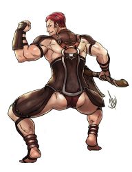 Rule 34 | 1boy, armor, ass, axe, back, barefoot, barefoot sandals (jewelry), fighter (fire emblem), fire emblem, fire emblem fates, flexing, full body, highres, john dimayuga, male focus, muscular, muscular male, nintendo, red eyes, red hair, simple background, solo, teeth, thighs, toeless legwear, toes, weapon, white background