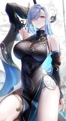 Rule 34 | 1girl, absurdres, armpits, bamboo, black dress, black sleeves, blue eyes, breasts, chromatic aberration, cleavage, commentary, cowboy shot, detached sleeves, dress, earrings, english commentary, genshin impact, grey background, highres, holding, holding polearm, holding weapon, jewelry, large breasts, long hair, long sleeves, looking at viewer, official alternate costume, official alternate hairstyle, otabaaa, parted lips, pelvic curtain, polearm, see-through, see-through cleavage, shenhe (frostflower dew) (genshin impact), shenhe (genshin impact), sleeveless, sleeveless dress, solo, thighs, weapon, white hair