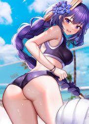 Rule 34 | 1girl, ass, ball, bare arms, bare shoulders, blue flower, blue sky, blush, buruma, cloud, commentary, cowboy shot, crop top, day, english commentary, flower, from behind, genshin impact, hair flower, hair ornament, highres, long braid, long hair, looking at viewer, looking back, midriff, mole, mole under eye, open mouth, outdoors, purple eyes, purple hair, raiden shogun, sky, solo, sports bra, squchan, standing, thighs, very long hair, volleyball, volleyball (object), volleyball net