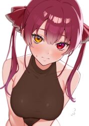 Rule 34 | 1girl, absurdres, blush, bodystocking, breasts, brown eyes, closed mouth, collarbone, flying sweatdrops, helga ( hlg67), heterochromia, highres, hololive, houshou marine, large breasts, long hair, looking at viewer, red eyes, red hair, simple background, solo, twintails, virtual youtuber, white background