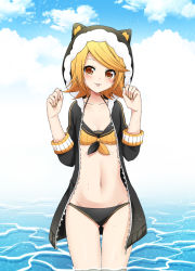 Rule 34 | 1girl, :p, adapted costume, animal hood, bikini, black bikini, black jacket, blonde hair, blue sky, blush, breasts, cat hood, cleavage, closed mouth, cloud, collarbone, commentary request, day, fur trim, gluteal fold, head tilt, highres, hood, hood up, jacket, kagamine rin, long sleeves, looking at viewer, md5 mismatch, mismatched bikini, nail polish, navel, open clothes, open jacket, orange eyes, project diva (series), project diva x, resolution mismatch, sailor bikini, sailor collar, short hair, sky, small breasts, smile, solo, source smaller, stomach, sudachi (calendar), sweat, swept bangs, swimsuit, tareme, thighs, tongue, tongue out, unzipped, vocaloid, w arms, wading, water, yellow bikini, yellow nails, zipper