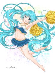 Rule 34 | 1girl, :d, absurdres, arm strap, armpits, arms up, barefoot, blue eyes, blue hair, blue skirt, blush, cheerleader, choker, collarbone, crop top, floating hair, full body, groin, hair between eyes, hatsune miku, highres, long hair, looking at viewer, midriff, mikoo o39, miniskirt, navel, open mouth, pleated skirt, pom pom (cheerleading), signature, skirt, sleeveless, smile, solo, stomach, thigh strap, twintails, very long hair, vocaloid