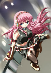 Rule 34 | 1girl, balcony, black thighhighs, blue eyes, boots, breasts, detached sleeves, dress, female focus, full body, hairband, ka2, large breasts, long hair, megurine luka, navel, pink hair, solo, thighhighs, vocaloid, zettai ryouiki