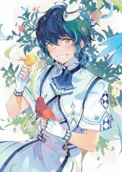 Rule 34 | 1boy, :d, absurdres, aoba tsumugi, ascot, bird, bird on hand, blue ascot, blue feathers, blue hair, blush, brooch, cowboy shot, cropped jacket, dark blue hair, ensemble stars!, feathers, fingerless gloves, food, fruit, garrison cap, gloves, green ribbon, hair between eyes, hat, hat ornament, highres, jacket, jewelry, korean commentary, kuzuvine, looking at viewer, male focus, multicolored hair, open mouth, ribbon, robe, short ponytail, short sleeves, smile, solo, streaked hair, tree, white background, white gloves, white hat, white jacket, white robe, yellow eyes