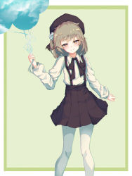 Rule 34 | 1girl, arm at side, bad id, bad pixiv id, balloon, beret, black hat, black ribbon, black skirt, blush, border, bright pupils, brown eyes, brown hair, closed mouth, collared shirt, fang, fang out, feet out of frame, flower, green background, green border, h2o (dfo), hair flower, hair ornament, hat, hatoba tsugu, head tilt, holding, holding balloon, legs apart, looking at viewer, mole, mole under eye, neck ribbon, one side up, outside border, pantyhose, pleated skirt, ribbon, rose, shirt, short hair, simple background, skirt, smile, solo, standing, suspender skirt, suspenders, virtual youtuber, white flower, white pantyhose, white rose, white shirt, wing collar