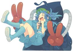Rule 34 | 1girl, ^ ^, backpack, bag, blue hair, closed eyes, double v, hair bobbles, hair ornament, hat, kawashiro nitori, key, mechanical arms, morino hon, open mouth, short hair, simple background, skirt, smile, solo, touhou, twintails, two side up, v