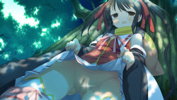 1girl against_tree black_hair blush cleft_of_venus clothes_lift dress dress_lift evenicle evenicle_(series) female_focus flat_chest game_cg gurigura gurigura_(evenicle) legs long_hair looking_down no_panties open_mouth pussy scarf solo sparkle standing tail thighs third-party_edit tree twintails yaegashi_nan yellow_eyes