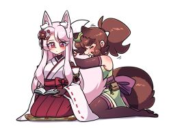 Rule 34 | 2girls, animal ears, black gloves, blush, book, breasts, brown gloves, brown hair, brown thighhighs, closed eyes, closed mouth, elbow gloves, fingerless gloves, fox ears, fox girl, fox tail, gloves, highres, holding, holding book, hugging another&#039;s tail, hugging tail, japanese clothes, leaf, leaf on head, littlecloudie, long hair, medium breasts, miko, multiple girls, original, raccoon ears, raccoon girl, raccoon tail, red eyes, seiza, short hair, short ponytail, simple background, sitting, tail, thighhighs, wariza, white background, white hair