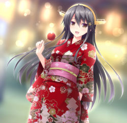Rule 34 | 1girl, :d, alternate costume, black hair, blurry, bokeh, brown eyes, candy apple, commentary request, depth of field, floral print, food, hair between eyes, hair ornament, hairband, hairclip, haruna (kancolle), headgear, highres, japanese clothes, kantai collection, kimono, long hair, looking at viewer, obi, open mouth, print kimono, red kimono, sash, smile, solo, sugii tsukasa, very long hair, wide sleeves, yukata