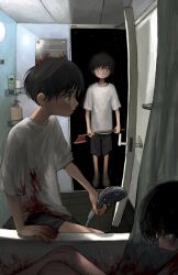 Rule 34 | 3boys, absurdres, arm support, axe, bathroom, bathtub, black hair, black shorts, blood, blood on clothes, blood on mirror, blood splatter, bottle, clone, closed mouth, corpse, crazy eyes, doorway, dripping, frown, grey eyes, highres, holding, holding axe, holding shower head, implied murder, looking at another, looking to the side, mirror, multiple boys, murder, open door, original, shirt, short sleeves, shorts, shower head, slippers, water drop, white shirt, yakito lulu