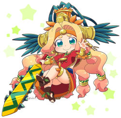 Rule 34 | 1girl, aztec, bead necklace, beads, blonde hair, blush, bracer, brown footwear, chibi, chin piercing, closed mouth, fate/grand order, fate (series), feathers, full body, green eyes, hair beads, hair intakes, hair ornament, hand up, headband, headdress, holding, holding sword, holding weapon, jewelry, long hair, low-tied long hair, miniskirt, neck ring, necklace, piercing, poncho, quetzalcoatl (fate), red skirt, sandals, simple background, skirt, smile, solo, star (symbol), sword, thigh strap, tsukko (3ki2ne10), twitter username, very long hair, weapon, white background