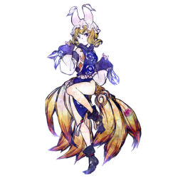Rule 34 | 1girl, blonde hair, breasts, detached sleeves, fox tail, hat, multiple tails, naked tabard, shiro (reptil), sideboob, simple background, solo, tabard, tail, touhou, white background, yakumo ran