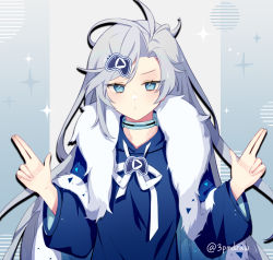 Rule 34 | 1girl, 3pm, blue cape, blue choker, blue eyes, blue hoodie, cape, choker, commentary, double finger gun, english commentary, finger gun, fur trim, highres, hood, hoodie, long hair, looking at viewer, obake pam, playasia, silver hair, solo, sparkle, twitter username, upper body, v-shaped eyebrows, virtual youtuber