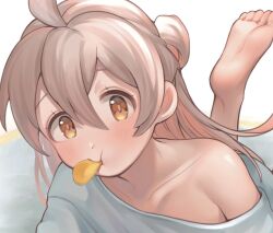 Rule 34 | 1girl, :t, bad id, bad twitter id, barefoot, brown eyes, chips (food), close-up, collarbone, commentary, cropped, feet, food, food in mouth, foot up, grey hair, hair between eyes, highres, light blush, long hair, looking at viewer, lying, multicolored hair, nyapanu, on stomach, onii-chan wa oshimai!, oversized clothes, oversized shirt, oyama mahiro, pink hair, potato chips, shirt, single bare shoulder, soles, solo, toes, two-tone hair