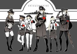 Rule 34 | 3four, 6+girls, aiguillette, belt, beret, bismarck (kancolle), blonde hair, blue eyes, boots, breasts, brown eyes, brown hair, capelet, cleavage, english text, epaulettes, female focus, full body, gloves, graf zeppelin (kancolle), green eyes, grey background, greyscale, gun, hat, kantai collection, knee boots, large breasts, leggings, lineup, military, military uniform, monochrome, multiple girls, necktie, peaked cap, prinz eugen (kancolle), rifle, shoes, socks, standing, sword, u-511 (kancolle), uniform, weapon, z1 leberecht maass (kancolle), z3 max schultz (kancolle)