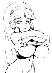 Rule 34 | 1girl, blunt bangs, bottomless, breasts, cowboy shot, earrings, female focus, gravity falls, grin, headwear request, high contrast, highres, jewelry, large breasts, long hair, maydrawfag, monochrome, pacifica northwest, ponytail, simple background, sketch, smile, smug, solo, underboob, undressing, white background