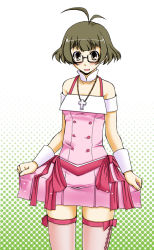 Rule 34 | 00s, 1boy, akizuki ryo, antenna hair, bare shoulders, blush, brown eyes, brown hair, clothes lift, cross, crossdressing, cute &amp; girly (idolmaster), glasses, harumu amagata, idolmaster, idolmaster dearly stars, jewelry, male focus, necklace, open mouth, short hair, skirt, skirt lift, smile, solo, thighhighs, trap
