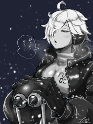 Rule 34 | 1girl, absurdres, artist request, bodysuit, breasts, eyelashes, gloves, hair over one eye, helmet, highres, holding, holding helmet, jacket, large breasts, one piece, open mouth, short hair, simple background, snowing, solo, thick thighs, thighs, translation request, vegapunk lilith