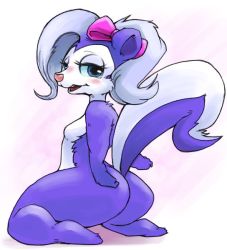 Rule 34 | 1girl, artist request, ass, blue eyes, blush, bow, female focus, fifi la fume, furry, hair bow, hair ornament, looking at viewer, looking back, open mouth, pink bow, purple fur, skunk, solo, tiny toon adventures, warner bros, white fur, white hair, wide hips