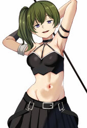 Rule 34 | 1girl, armlet, armpits, arms up, black skirt, breasts, cowboy shot, crop top, green hair, highres, medium breasts, midriff, miniskirt, navel, nootomo, open mouth, pleated skirt, purple eyes, side ponytail, simple background, skirt, smile, smug, solo, sousou no frieren, standing, teeth, tongue, ubel (sousou no frieren), upper teeth only, white background