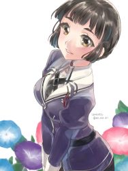 Rule 34 | 10s, 1girl, :d, brown eyes, brown hair, flower, hair ornament, hairclip, kantai collection, koruri, looking at viewer, myoukou (kancolle), open mouth, parted lips, short hair, smile, solo, v arms