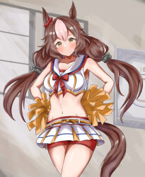 Rule 34 | 1girl, animal ears, bike shorts, blush, breasts, brown hair, cheerleader, closed mouth, commentary request, cosplay, ear ornament, hair between eyes, hands on own hips, highres, holding, holding pom poms, horse ears, horse girl, horse tail, indoors, long hair, medium breasts, midriff, multicolored hair, navel, nice nature (run&amp;win) (umamusume), nice nature (umamusume), nice nature (umamusume) (cosplay), orange shorts, pom pom (cheerleading), pom poms, shorts, shorts under skirt, smile, solo, streaked hair, tail, twintails, umamusume, vandy76, very long hair, white hair, window, yamanin zephyr (umamusume)
