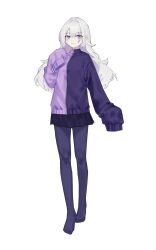 Rule 34 | 1girl, black skirt, blush, closed mouth, commentary, facial mark, grey hair, highres, jacket, long hair, long sleeves, looking at viewer, no shoes, original, pantyhose, pleated skirt, purple eyes, purple jacket, purple pantyhose, simple background, skirt, sleeves past fingers, sleeves past wrists, smile, solo, tunnel (ccmr3254), very long hair, white background